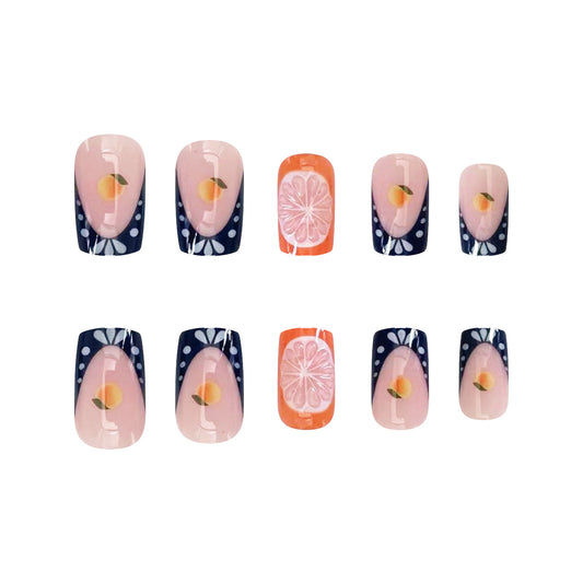 Tropical Citrus Fiesta Medium Square Pink and Navy Polka Dot Press On Nail Set with Orange Slice Accents