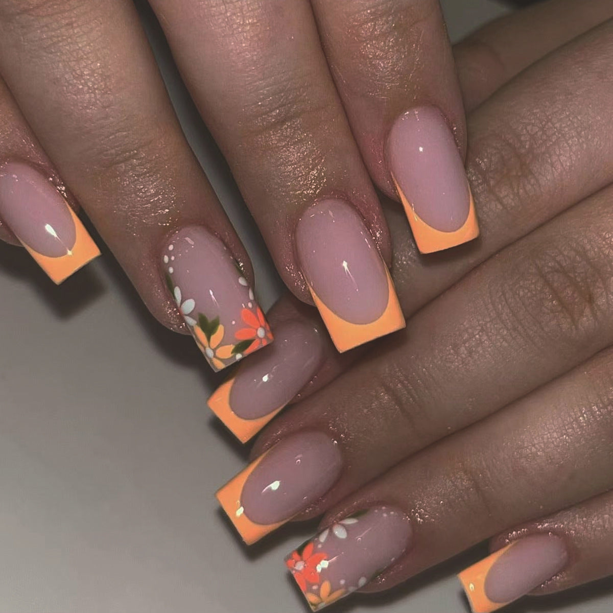 Tropical Paradise Long Square Neon Orange Floral Print Press On Nail Set