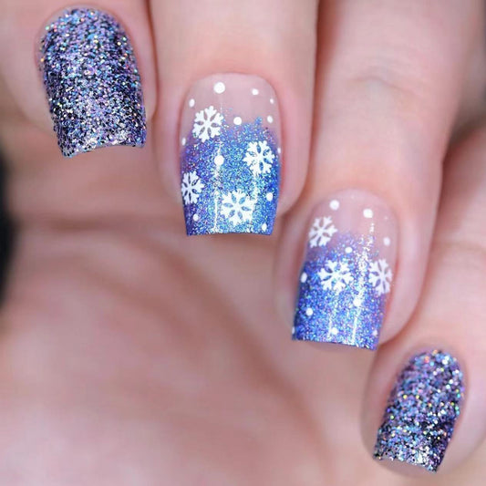 Winter Wonderland Medium Square Blue and Silver Glitter Press On Nail Set with Snowflake Design