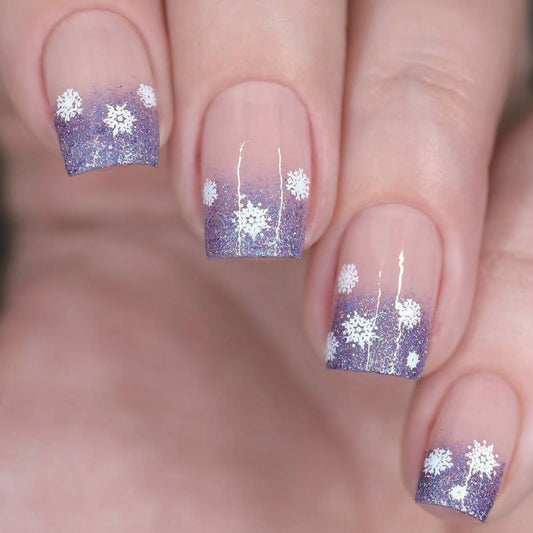 Winter Wonderland Medium Square Purple Glitter Press On Nail Set with Sparkling Snowflake Accents