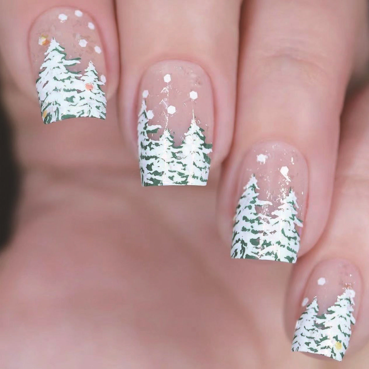 Winter Wonderland Medium Square Green and White Tree Design Press On Nail Set for Festive Style