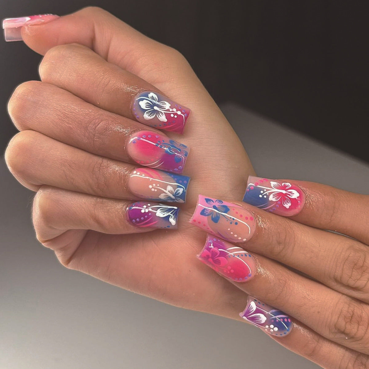 Tropical Paradise Long Square Ombre Pink and Blue Press On Nail Set with Floral Design