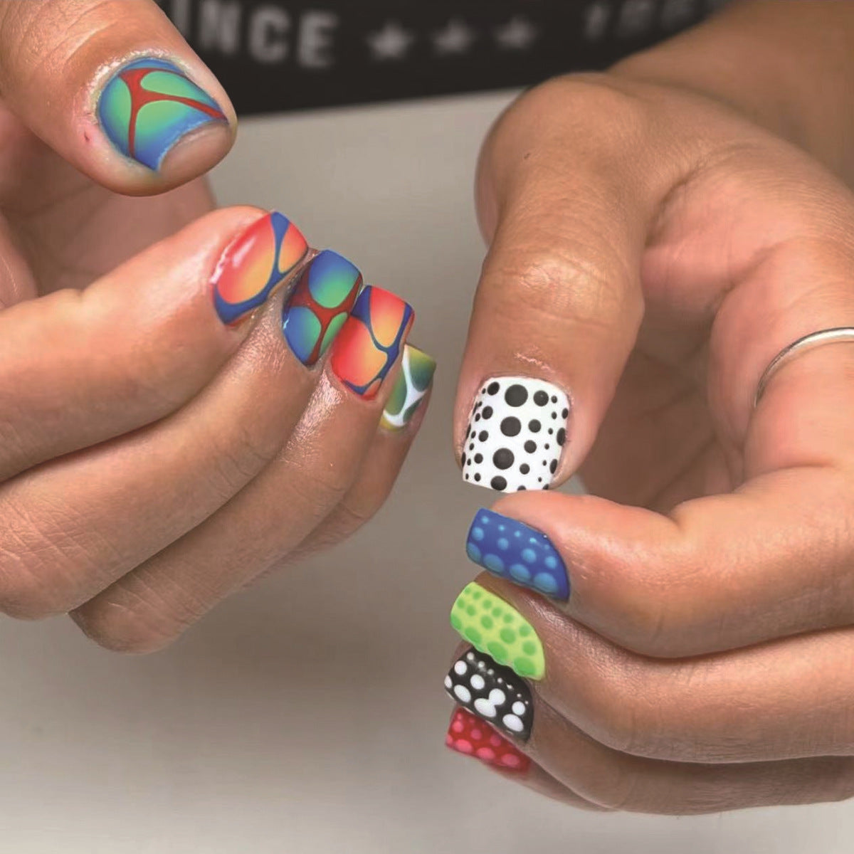 Vibrant Summer Waves Short Square Press On Nail Set in Blue Green Red and White with Unique Abstract Patterns