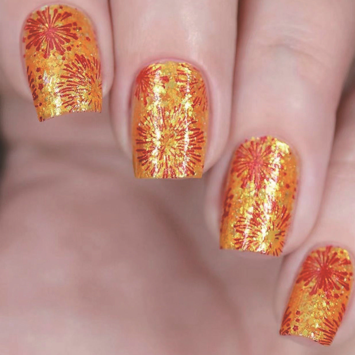 Fireworks Celebration Medium Square Orange Glitter Press On Nail Set with Sparkling Sunburst Design