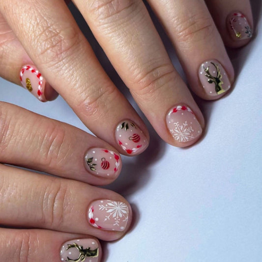 Festive Frosty Charm Short Round Pink and White Press On Nail Set with Holiday Ornaments and Reindeer Designs