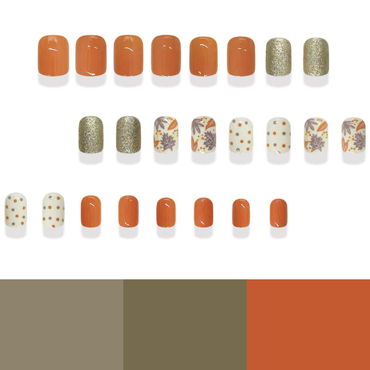 Autumn Blossom Press On Nail Set Medium Square Orange and White with Floral and Glitter Accents