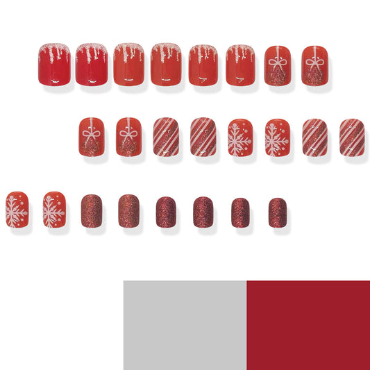 Festive Holiday Spirit Short Square Red Glitter Press On Nail Set with Snowflake and Ornament Designs