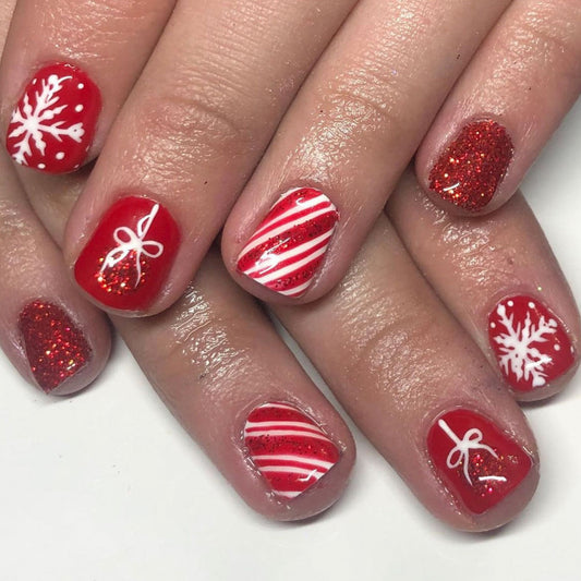 Festive Holiday Celebration Extra Short Square Red Glitter Press On Nail Set with Christmas Themed Designs