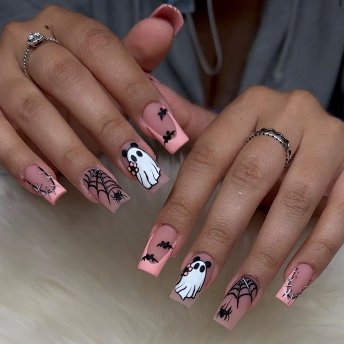 Spooky Season Extra Long Square Press On Nail Set Pink with Ghost and Spider Designs