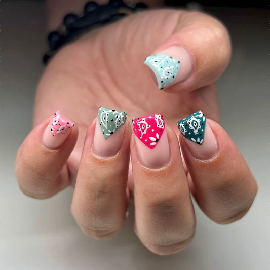 Boho Chic Multi-Color Triangle Press On Nail Set 5 Medium Square Unique Patterned Designs