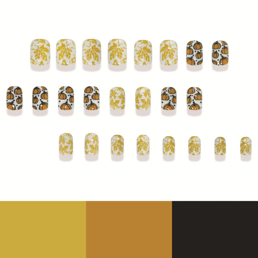 Autumn Harvest Press On Nail Set Square Medium Yellow Green and Black Leaf Design with Pumpkin Accents