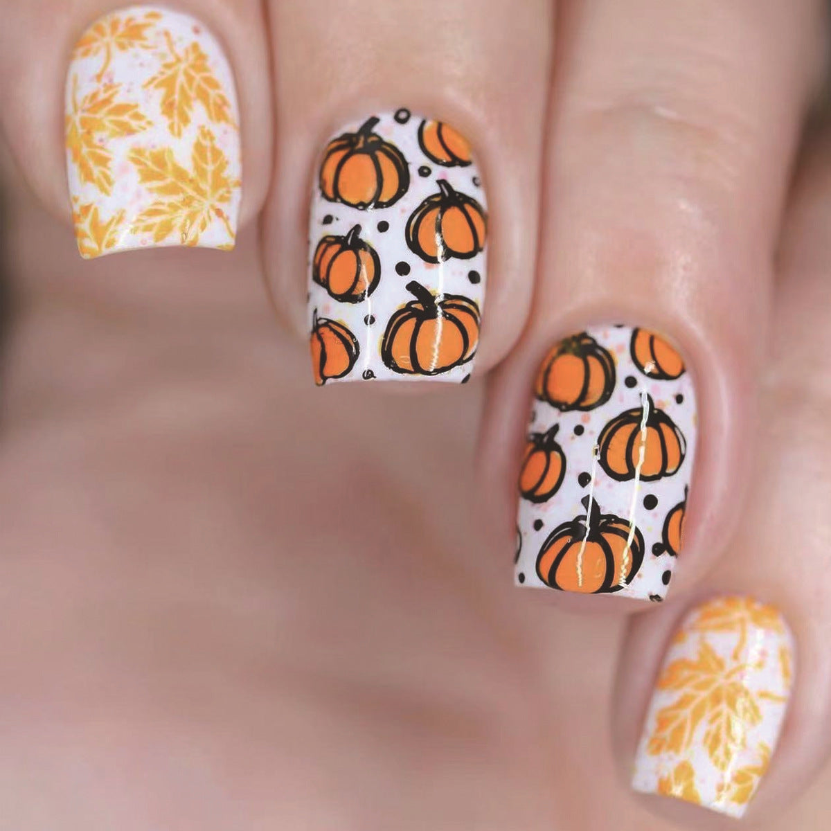 Autumn Harvest Medium Square Press On Nail Set in White Orange and Yellow with Pumpkin and Leaf Design