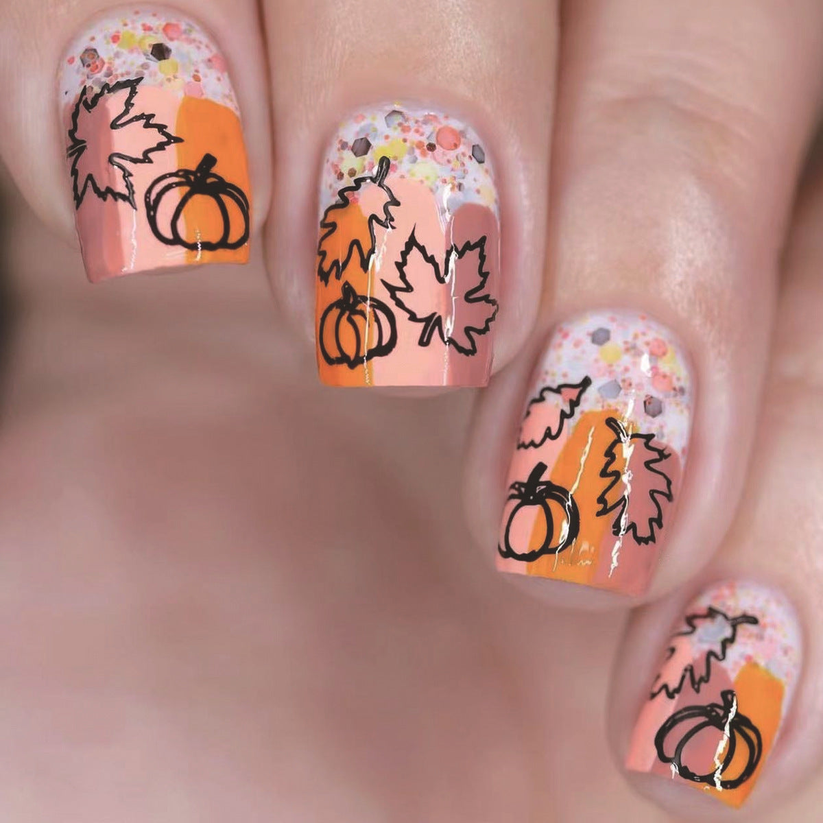 Autumn Delight Medium Square Orange and Pink Press On Nail Set with Pumpkin and Leaf Designs