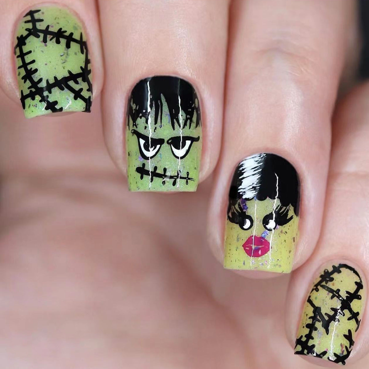 Spooky Halloween Square Medium Green Frankenstein Press On Nail Set with Unique Cartoon Characters