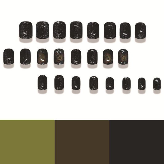 Mystical Forest Matte Round Press On Nail Set Short Black with Leaf Accents and Glitter Finish