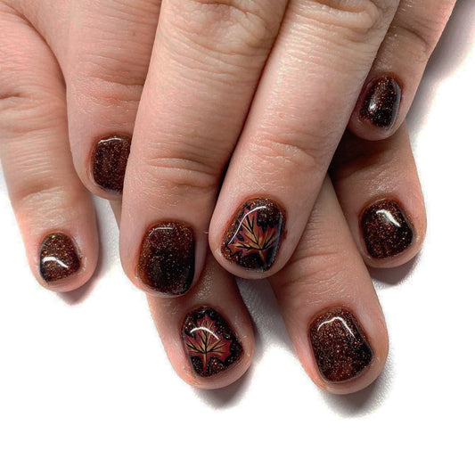 Autumn Elegance Short Round Espresso Glitter Press On Nail Set with Leaf Art Design