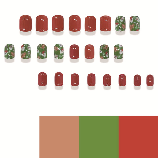 Festive Winter Wonderland Short Round Red Green and White Holiday Themed Press On Nail Set with Charming Holiday Patterns