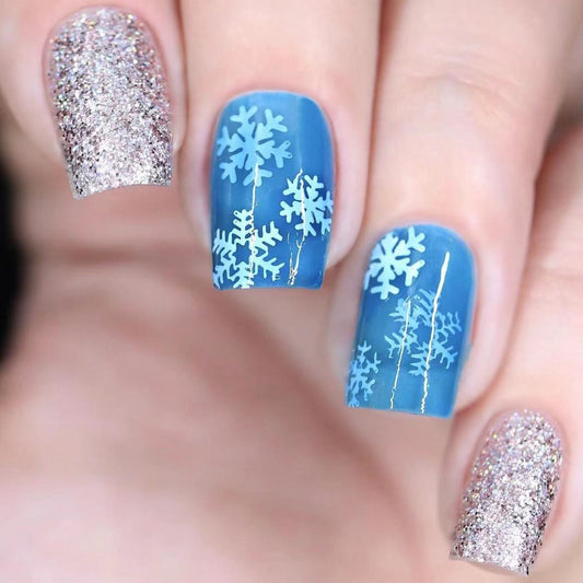 Winter Wonderland Long Square Blue Glitter Press On Nail Set with Snowflake Designs