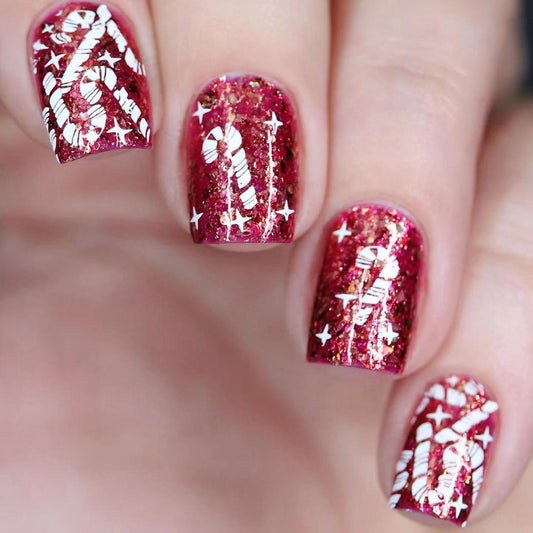 Candy Cane Delight Holiday Press On Nail Set Medium Square Red Glitter with White Candy Cane Design and Star Accents