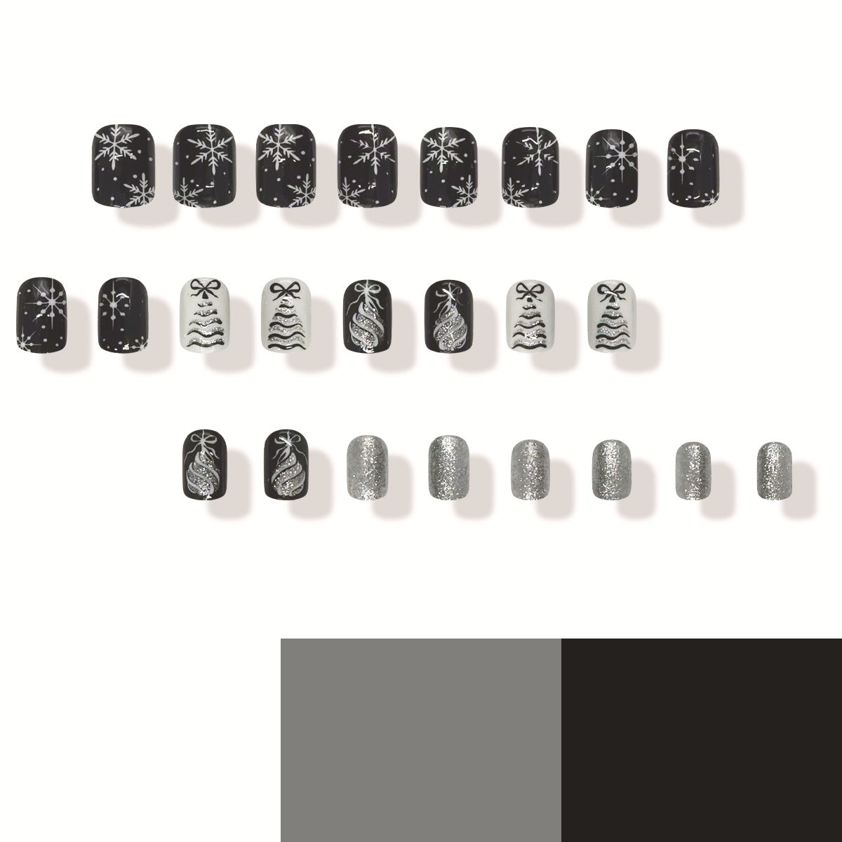 Winter Wonderland Press On Nail Set Medium Square Black Silver Glitter Holiday Designs