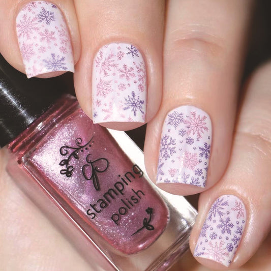 Winter Wonderland Press On Nail Set Square Medium Pink with Snowflake Design and Shimmering Finish