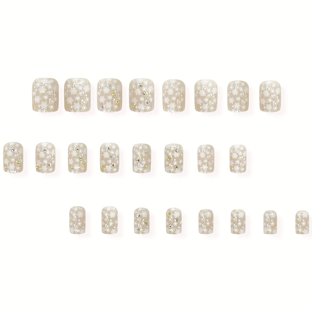 Ethereal Garden Square Press On Nail Set Medium Elegant Beige with Floral Design and Sparkling Accents