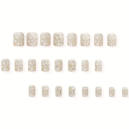 Ethereal Garden Square Press On Nail Set Medium Elegant Beige with Floral Design and Sparkling Accents