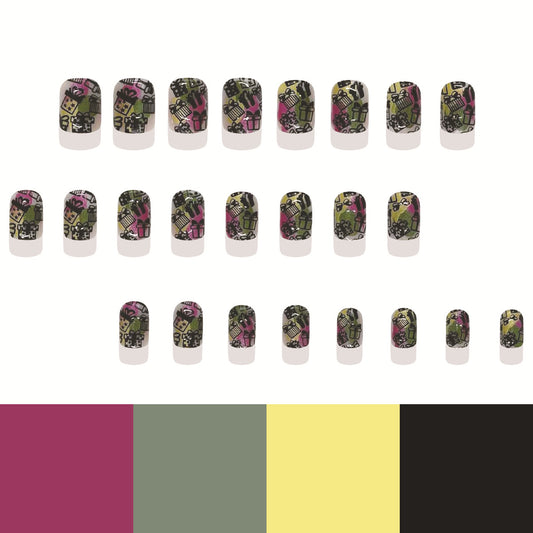 Whimsical Garden Medium Square Green and Pink Patterned Press On Nail Set with Abstract Design