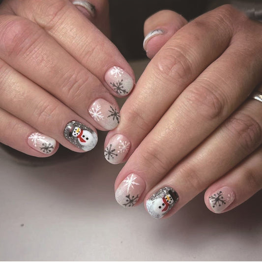 Winter Wonderland Short Squoval White and Silver Press On Nail Set with Snowman and Snowflake Design