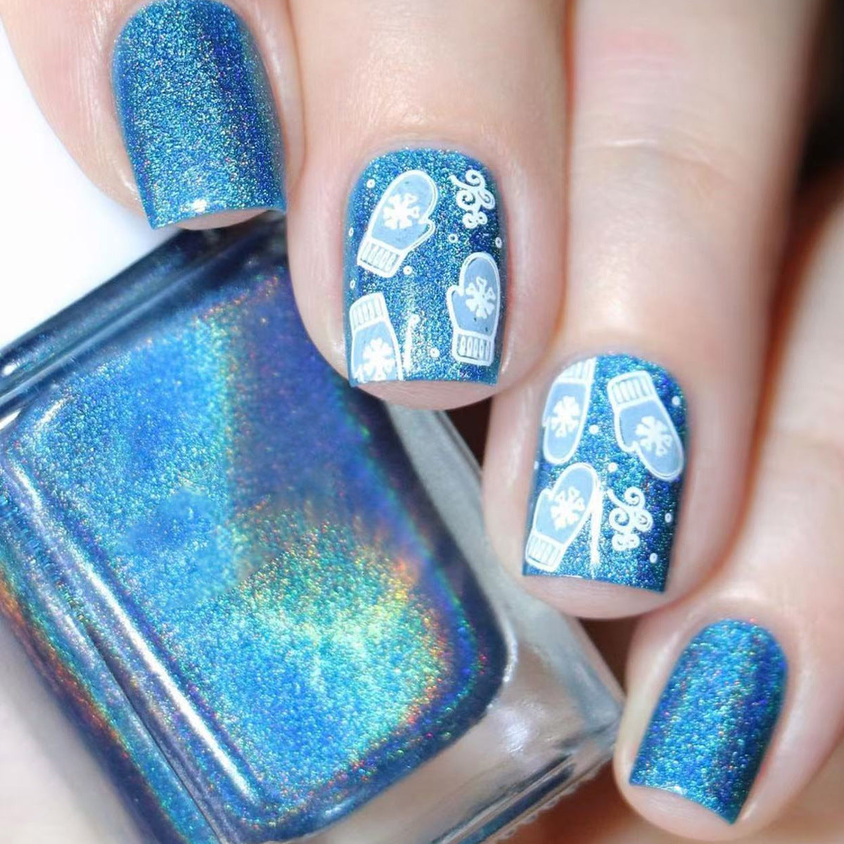 Winter Wonderland Short Square Shimmering Blue Press on Nail Set with Unique Frosted Design