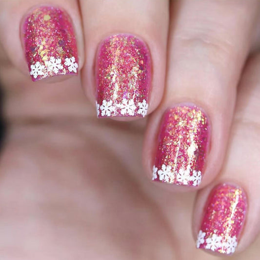 Blossom Bliss Short Square Glitter Press On Nail Set in Sparkling Pink with Delicate Floral Tips