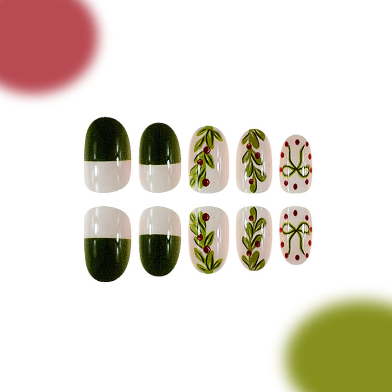 Festive Garden Medium Almond Green and White Press On Nail Set with Artistic Floral Designs