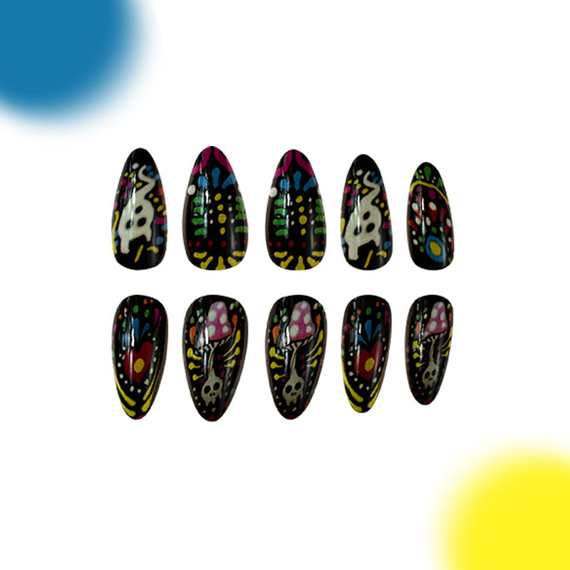 Vibrant Festival Stylish Almond Press on Long Nails Colorful Black with Unique Artistic Designs