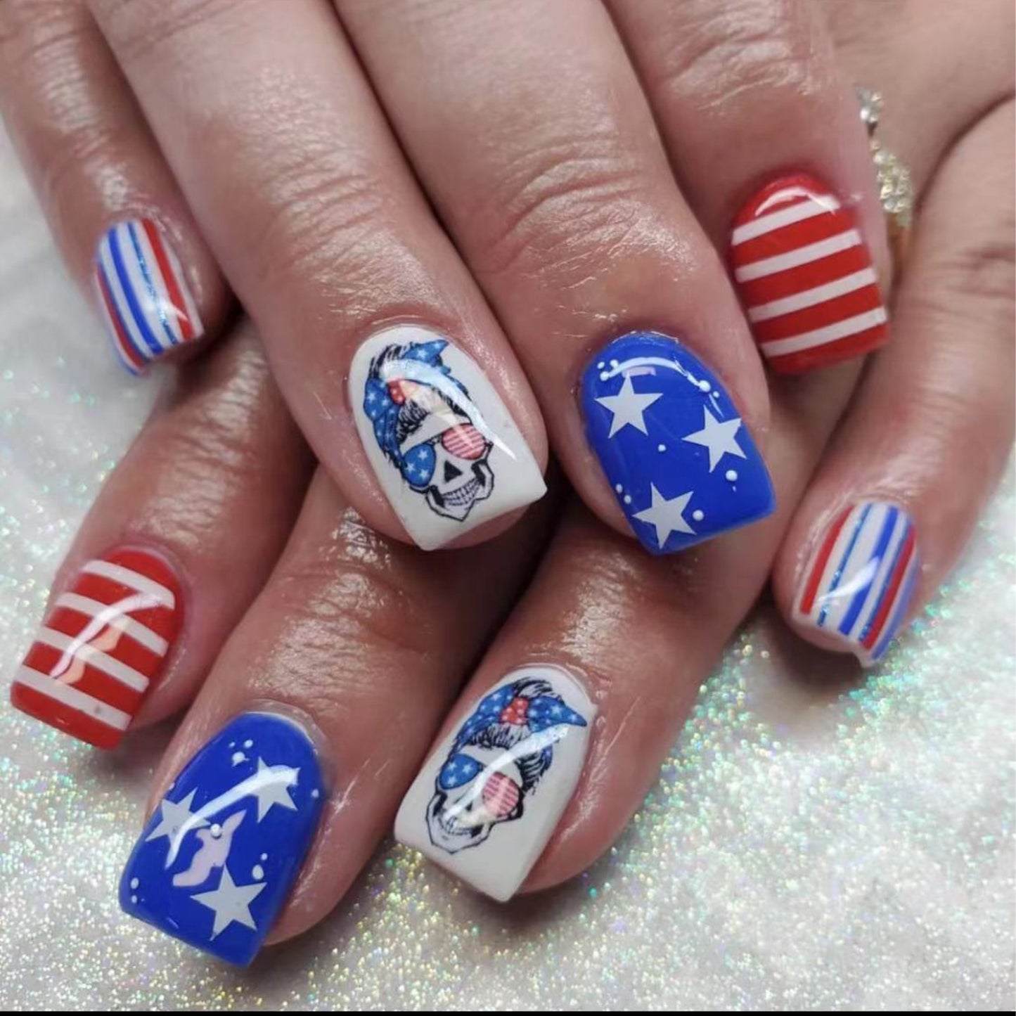 Patriotic Festivity Short Square Red White and Blue Press On Nails with Stars and Stripes Design