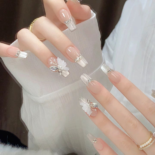 Whimsical Elegance Long Coffin Press On Nails in Silver and Clear with Floral Accents and Sparkling Gems