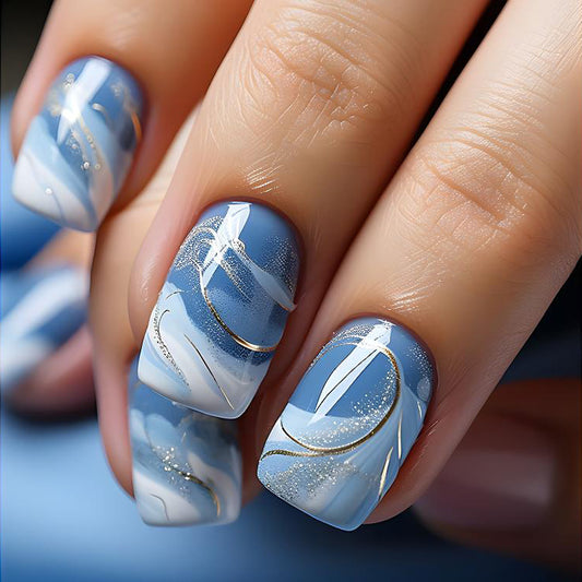 Winter Wonderland Short Square Blue Press On Nail Set with Snowflake Design and Gold Accents