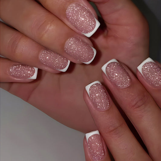 Starry Night Glitter Medium Square Pink Press On Nail Set with High-Shine Sparkle Finish