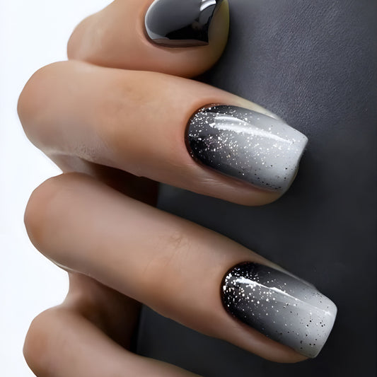 Starry Night Medium Length Square Black to Silver Ombre Press On Nail Set with Glitter Accents