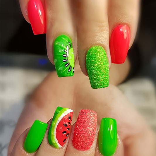 Summer Splash Medium Square Press On Nails in Vibrant Green and Hot Pink with Watermelon Design and Glitter Detail