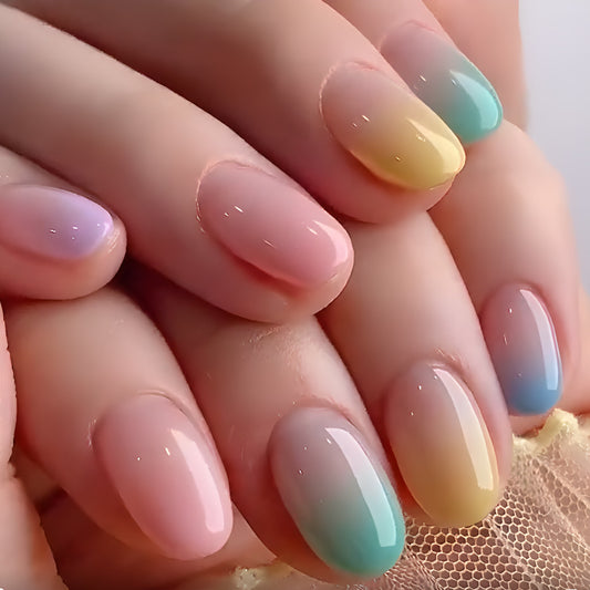 Sunset Dreams Short Oval Gradient Press On Nail Set in Pastel Rainbow Shades