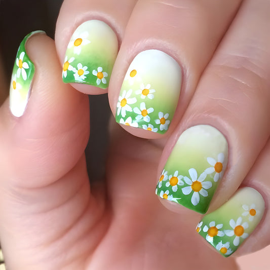 Spring Blossom Short-Length Square Green and Yellow Ombre Press On Nails with Daisy Flower Accents