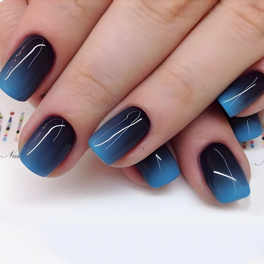 Midnight Ombre Magic Short Square Press On Nails with Blue Gradient and Glossy Finish