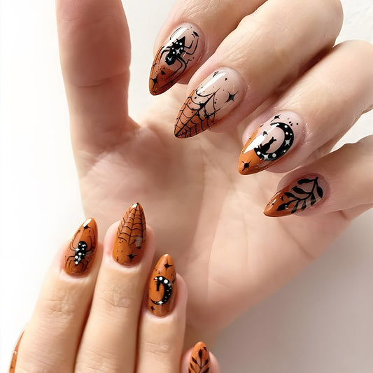 Spooky Vibes Long Almond Orange Press On Nail Set with Spiderweb and Moon Designs