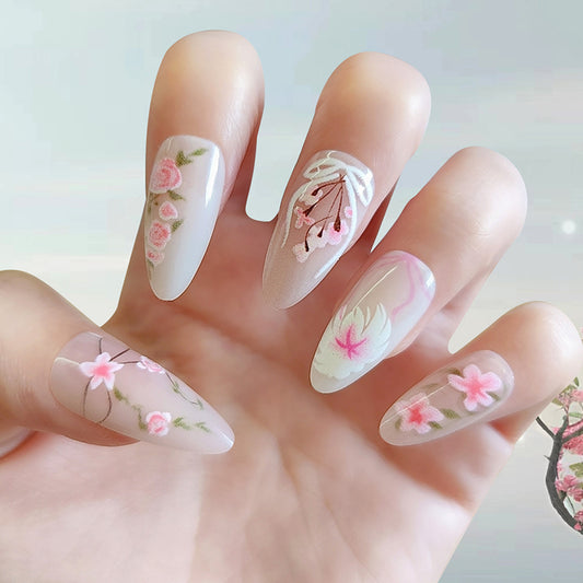 Cherry Blossom Elegance Long Almond Press On Nail Set in Pastel Pink with Hand-Painted Floral Designs