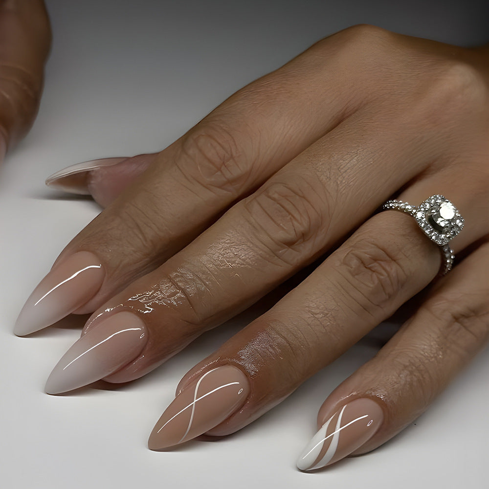 Chic Elegance Long Stiletto Press On Nail Set Ombre Beige with Artistic White Stripe Design