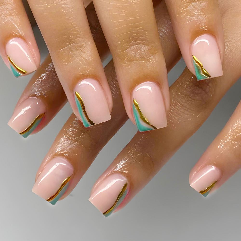 Tropical Oasis Square Press On Nail Set Medium length pink and teal with shimmering gold accents