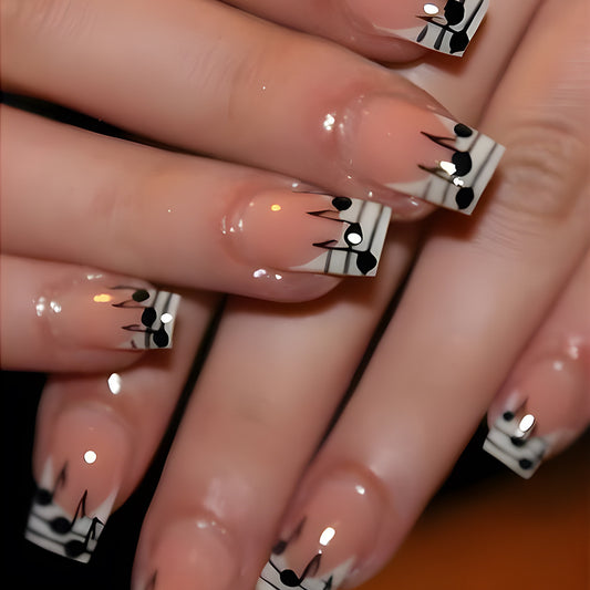 Musical Elegance Long Square Clear Black and White Musical Note Press On Nail Set