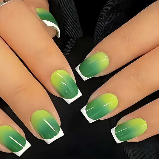 Tropical Oasis Long Square Green Ombre Press On Nail Set with White Tips for a Stunning Summer Look