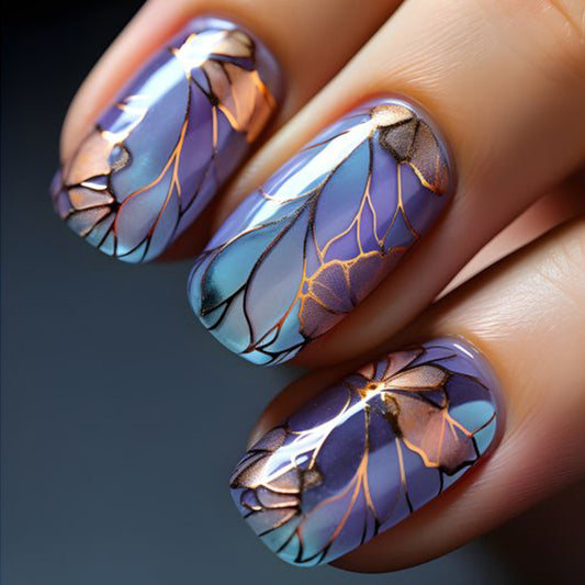 Floral Dreaming Medium Oval Blue and Purple Press On Nail Set with Gorgeous Metallic Accents