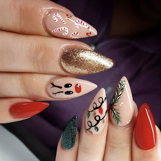 Festive Elegance Long Stiletto Red and Gold Glitter Holiday Press On Nail Set with Candy Cane and Reindeer Designs